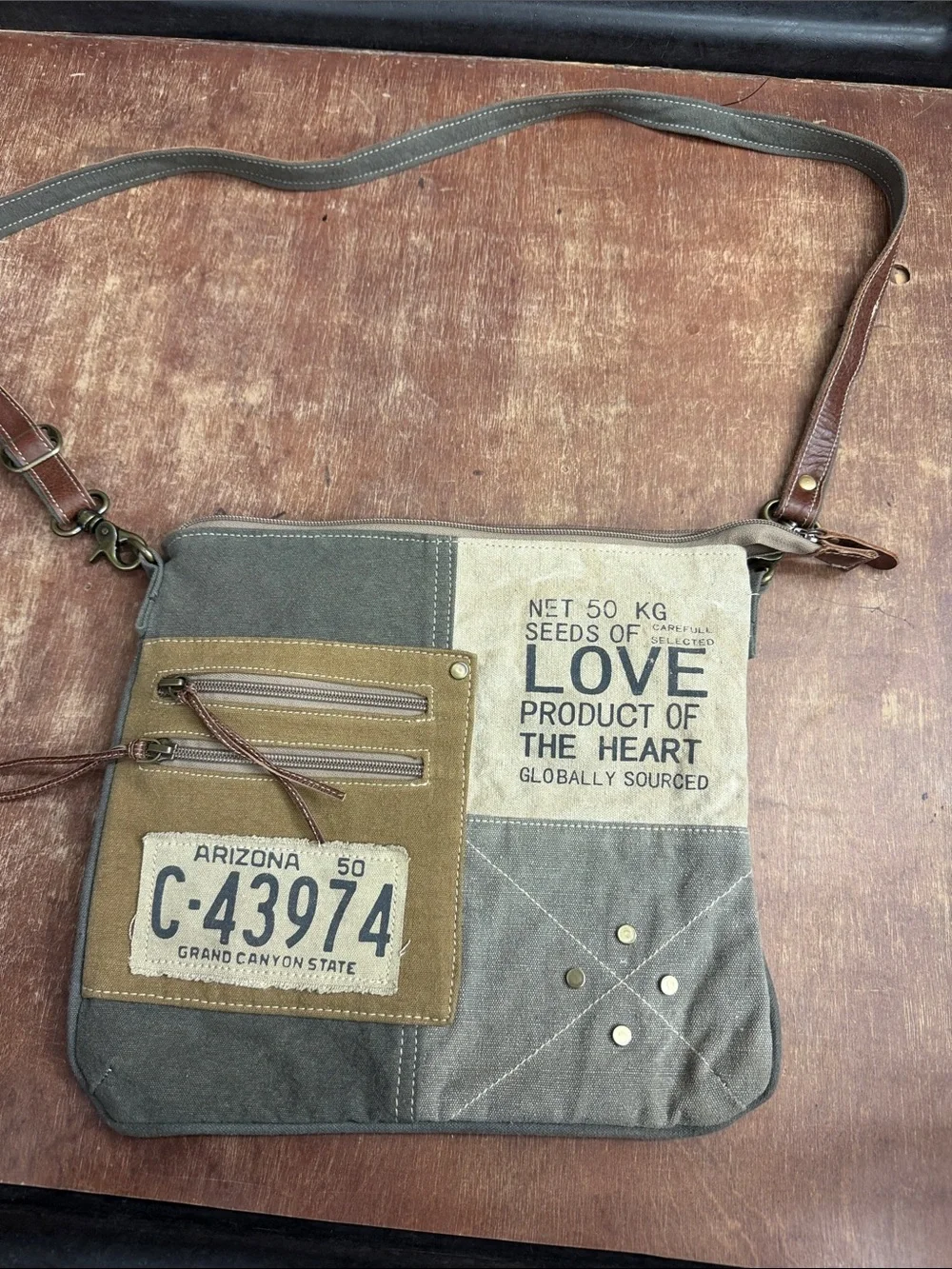 Canvas Patchwork Crossbody Bag in Olive and Tan